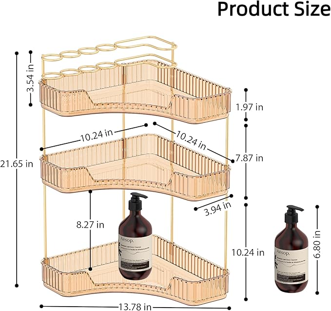 Corner Bathroom Counter Organizer with Top Toothbrush Holders, 3-Tier Make Up Organizers for Vanity with Brush Holder, Corner Storage for Bathroom, Kitchen, Dresser
