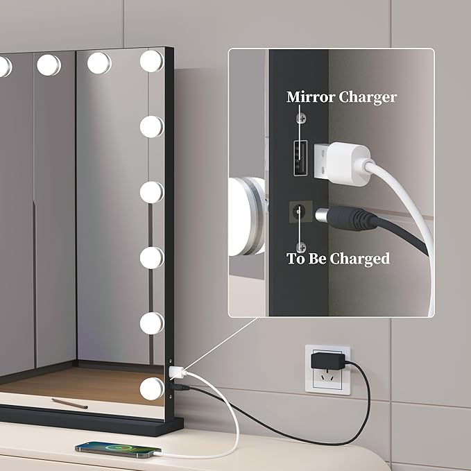 Vanity Mirror with Lights,Makeup Mirror with 17 Dimmable LED Bulbs, 3 Color Lighting Modes Detachable 10X Magnification Mirror Touch Control, 23.6X19,7 inch, Black