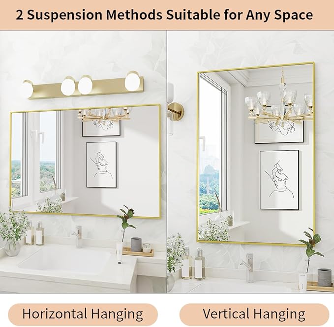 Koonmi Gold Mirrors for Wall, 30x48 Inch Bathroom Mirror, Rectangular Wall Mirror for Living Room Bedroom Bathroom, Hangs Horizontally or Vertically