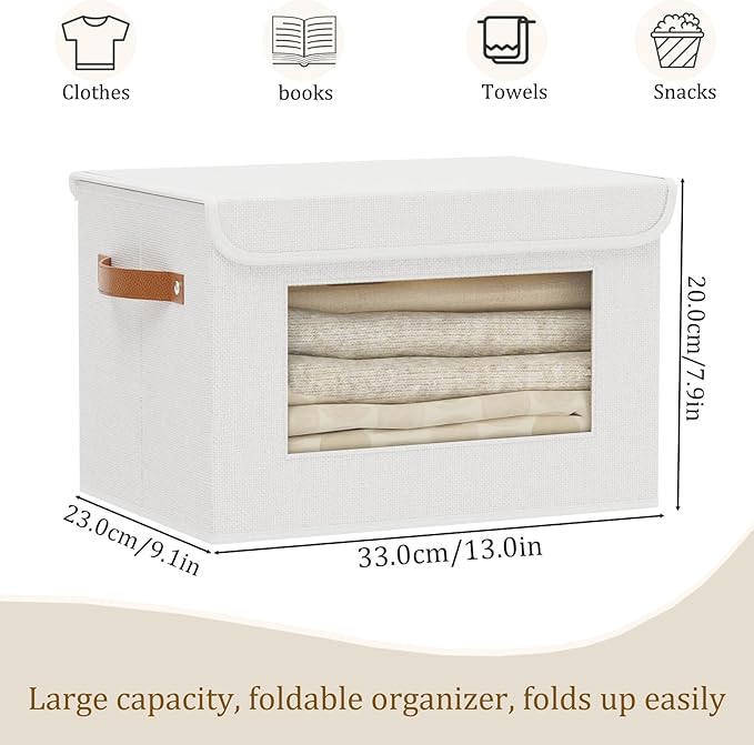 Fabric Storage Boxes with Lids, 13 x 9.1 x 7.9 Inch Closet Organizers for Shelves, Foldable Storage Bins with Handles, White, 5-Pack