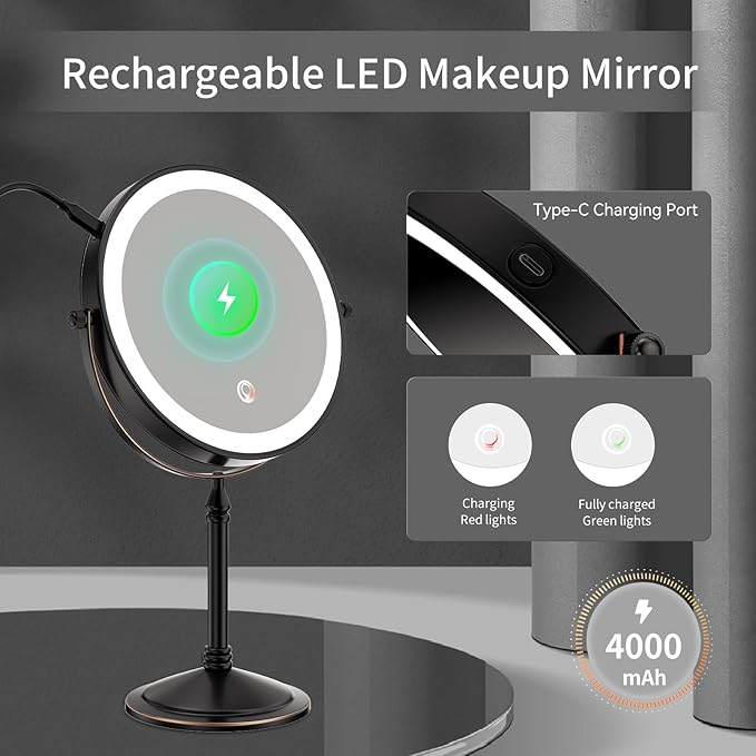 Nicesail Rechargeable Makeup Mirror with Lights and Magnification 10X, 3 Color LED Lights, Cordless Lighted Vanity Desk Mirror with Lights, Light up Magnifying Tabletop 360 Rotation Oil Rubbed Bronze
