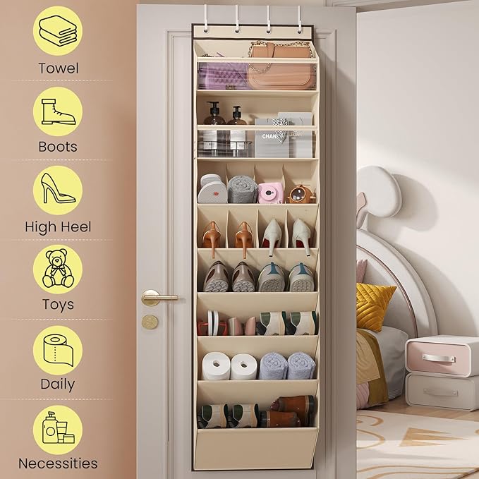 8 Tier Clear Over the Door Shoe Organizer with Deep Pockets, Door Shoes Rack with hard Cardboard and Tubes to Keep the Shape, Hanging Shoe Rack for Closet Organizers, Shoe Holder Beige