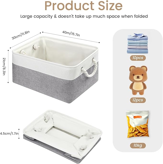 Large Storage Baskets- 15.7x11.8x8.26 inch Storage Bins for Shelves and Closet Organizing, Foldable Fabric Bin for Home Organization Clothes and Laundry (1-Pack, White&Gray)