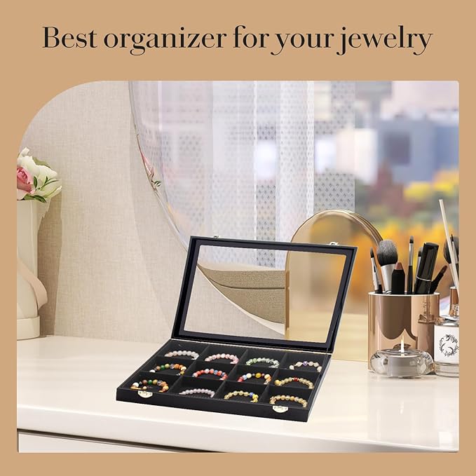 KOOAAICCHI Jewelry Tray Organizer with Clear Lid - 12 Grid Storage Display Case with Lock Earring Ring Organizer Showcase Gifts for Women-Black