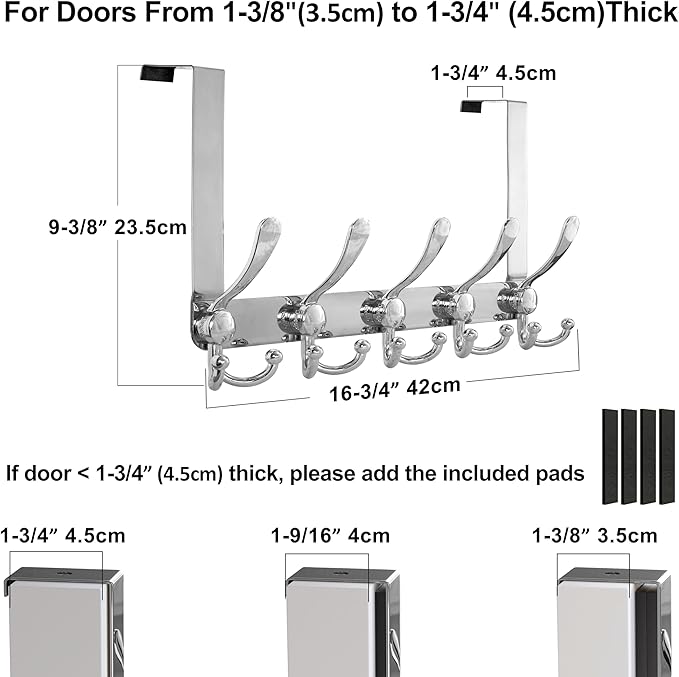 Dseap Over Door Hook 2.0 - Upgraded Version - Simple-Assembly, Strong, Heavy-Duty Stainless Steel 5-Tri-Hook Over The Door Hanger Rack, SimpleStrong Series, Chromed, Pack of 2
