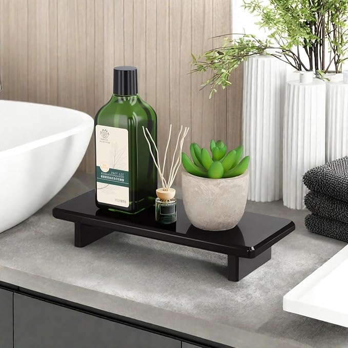 Acrylic Black Vanity Tray 2-Pack – Multi-Purpose Kitchen & Bathroom Counter Organizer, Waterproof Soap/Sponge/Brush Holder, Plant & Candle Display Riser, Compact Tray 8.6"×3.6"×1.5"