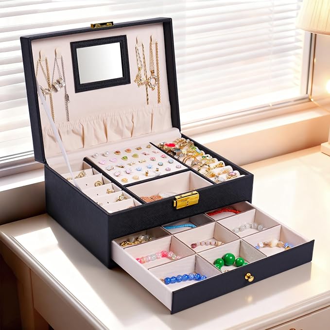 Jewelry Box, 2 Layer Jewelry Organizer with Velvet Earring Organizer, Jewelry Holder Organizer Travel, White Jewelry Boxes for Women, Jewelry Boxes & Organizers for Girls, Black