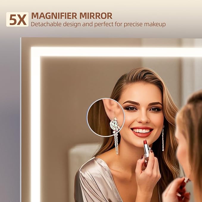 Vanity Mirror with Lights, 24" x 32" Makeup Mirror with 3 Color Modes 5X Magnification & USB/Type-C Charging Port, Large LED Mirror for Bedroom Tabletop & Wall Mounted