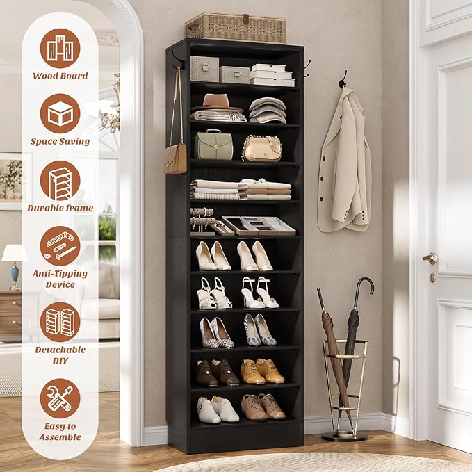 Aheaplus Tall Shoe Cabinet, 10 Tiers Narrow Wood Shoe Rack, Shoe Storage Organizer with Open Storage, Vertical Shoe Shelf Tower for 20-22 Pairs, Space Saving, for Closet, Entryway, Bedroom, Black
