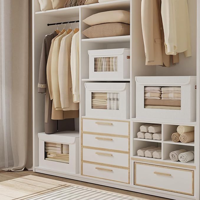 Fabric Storage Box, Storage Bin for Shelves Bedroom Office with Lid, Closet Organizer with Handles, White, 15 x 9.8 x 9.8 Inch, 1-Pack