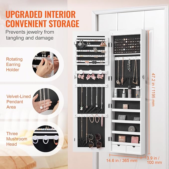 VEVOR Mirror Jewelry Cabinet, 47.2-Inch Tall Lockable Jewelry Armoire with Full-Length Mirror, Wall/Door Mounted Organizer with LED Lights and Velvet Lining, White