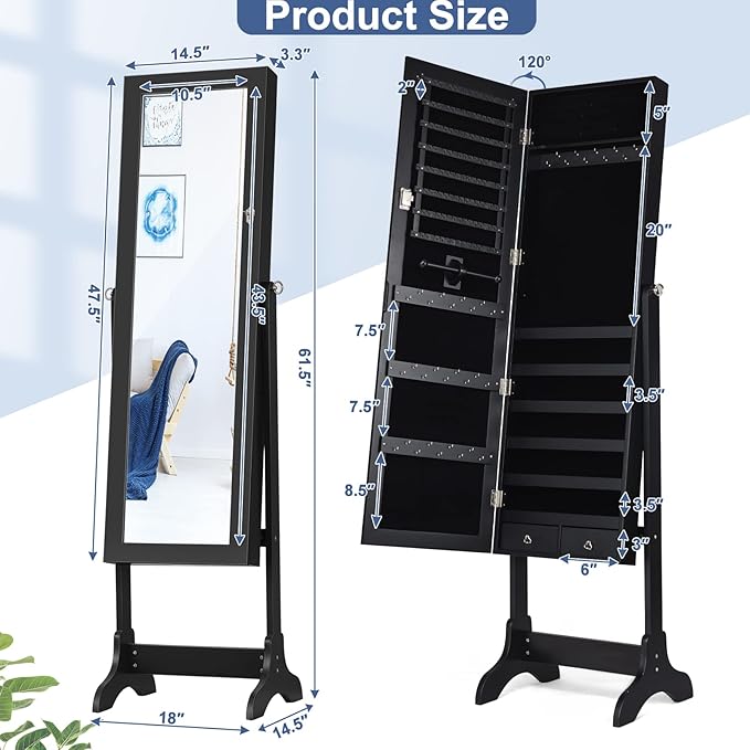 COSTWAY Standing Jewelry Armoire Cabinet, 4-Angle Tilting Jewelry Organizer with Full-Length Mirror and Large Storage Capacity, Lockable Jewelry Cabinet for Bedroom, Dressing Room (Black)