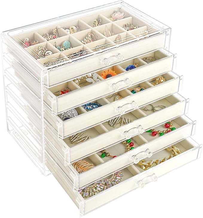 Acrylic Jewelry Box with 6 Drawers, Clear Earring Storage Organizer Display Case for Women Girls, Beige