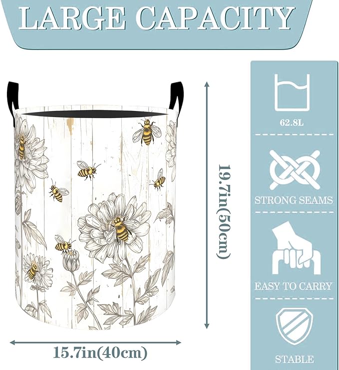 Bee Floral with Wood Laundry Basket, Dirty Collapsible Clothes Toy Organizer Hamper for Kids Adults, Oxford Cloth Waterproof Storage Bin for Bedroom Bathroom Rustic Decor Gifts, 19.7"X15.7"