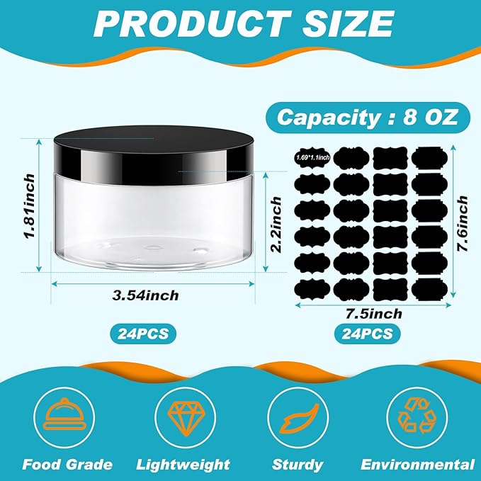 Dandat 24 Pcs 8 oz Plastic Jar Container with Lid and Label Refillable Empty Round Clear PET Cosmetic Sample Slime Containers for Lotion, Cream, Ointments, Body Butter, Makeup, Travel Storage