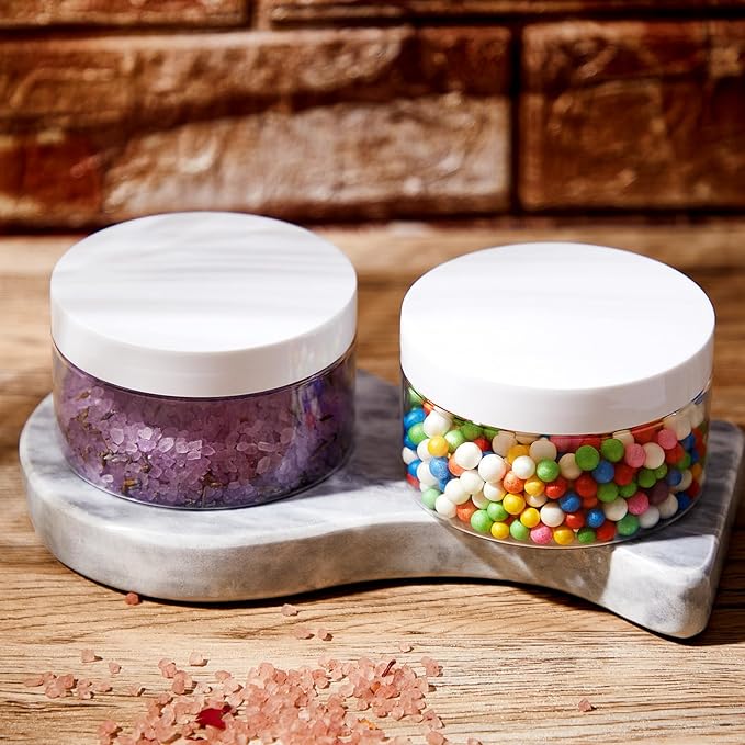 Dandat 24 Pcs 8 oz Plastic Jar Container with Lid and Label Refillable Empty Round Clear with White Pet Cosmetic Sample Slime Containers for Lotion, Cream, Ointment, Body Butter, Makeup Travel Storage