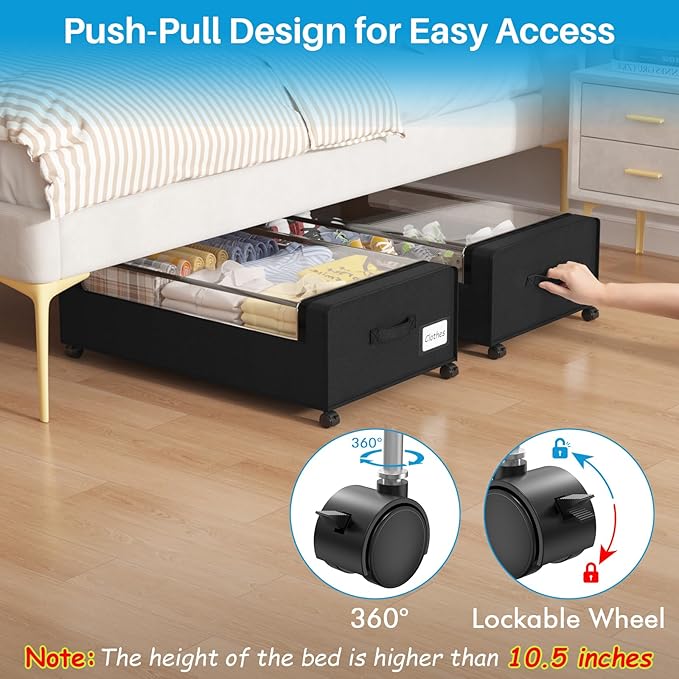 Under Bed Shoe Storage Organizer, 10 Inch Rolling Underbed Drawers for Clothes, Blankets, Winter Clothing & Shoes - Metal Frame Storage Bins with Handles, Dual Zippers, Clear Window 2 Pack Black