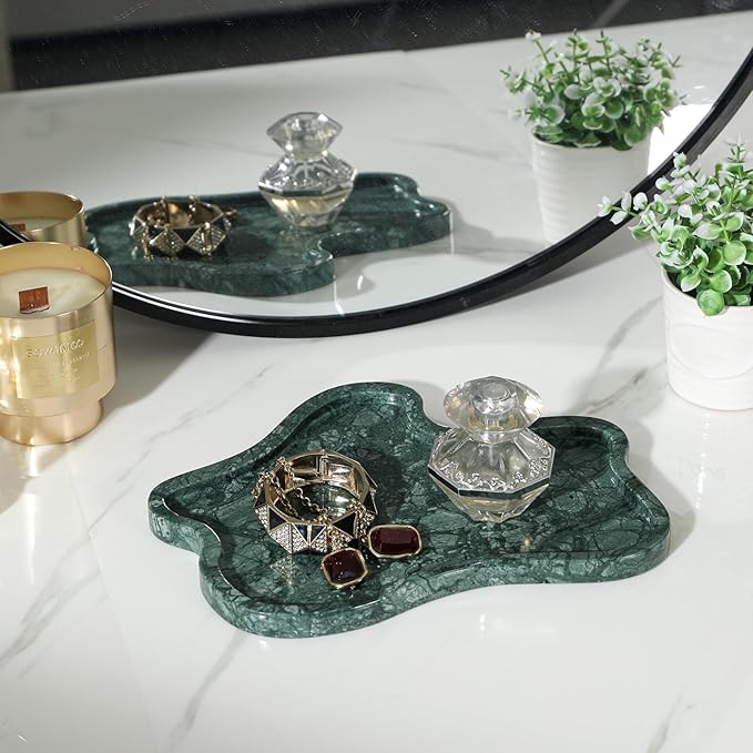 Green Marble Tray, Marble Vanity Tray, Bathroom, Decor for Trinket Perfume Jewelry Candle, 11 Inch Cloud