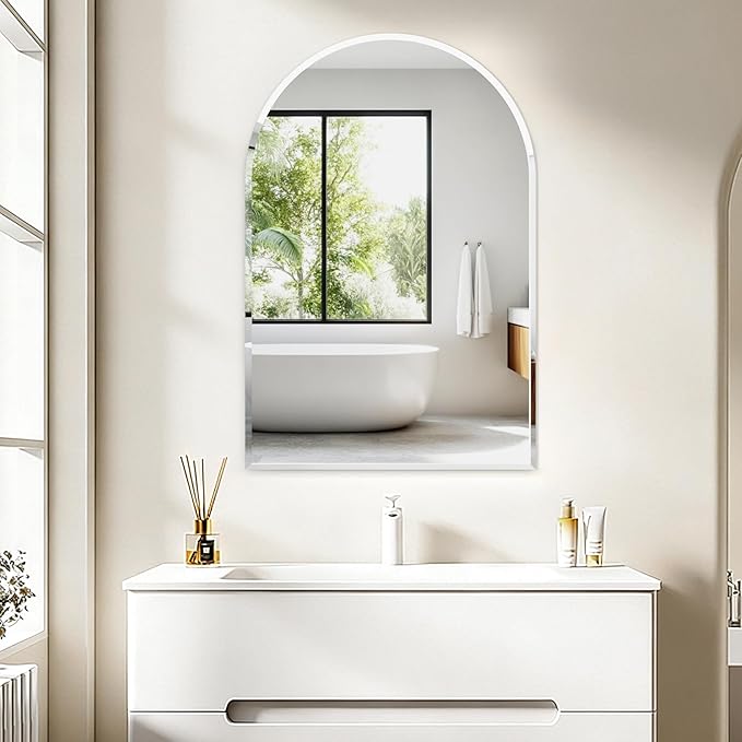 Arched Bathroom Mirror, 28X40 inch Arched Frameless Mirror, Arch Wall Mirror，Frameless Mirrors for Bathroom,Beveled Bathroom Mirror.