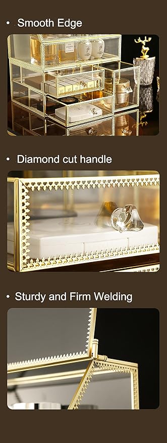 MOOCHI Golden 3 Pieces Makeup Organizers for Vantity, glass, Skin Care Organizer, Drawers,Brush Organizer,Countertop Cosmetics Storage Display Case