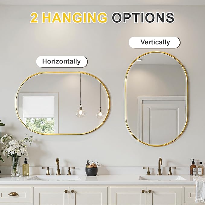 Oval Bathroom Mirror for Wall, 2 Pack 24"x36" Bathroom Vanity Mirror for Over Sink, Bedroom, Living Room, Entryway, Metal Frame & HD Shatterproof Glass, Wall Mounted Horizontally or Vertically(Gold)