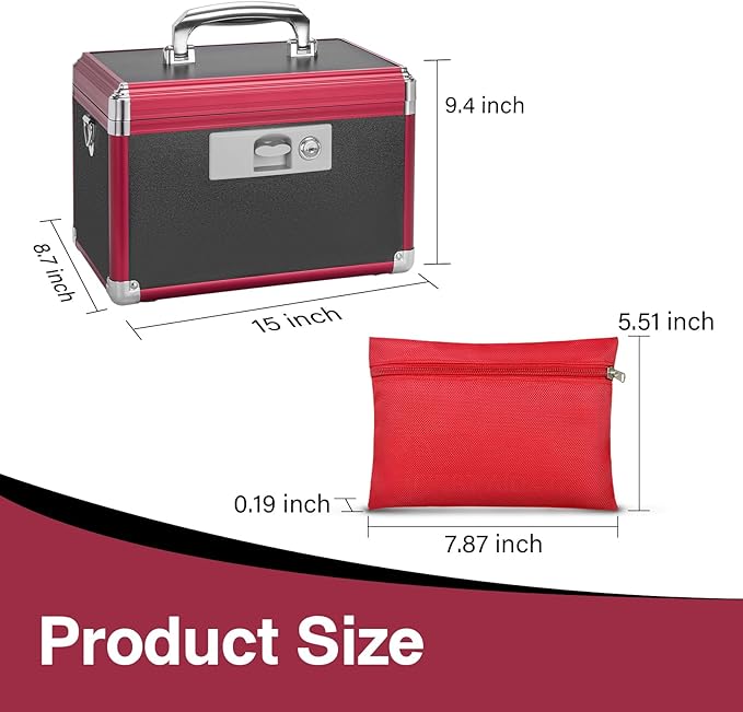 Secure Medicine Lock Box with Key, Childproof Metal Medication Storage Organizer for Home & Travel, Layered Aluminum First Aid Box, Portable & Durable – 15" x 8.7" x 9.4" Black & Red