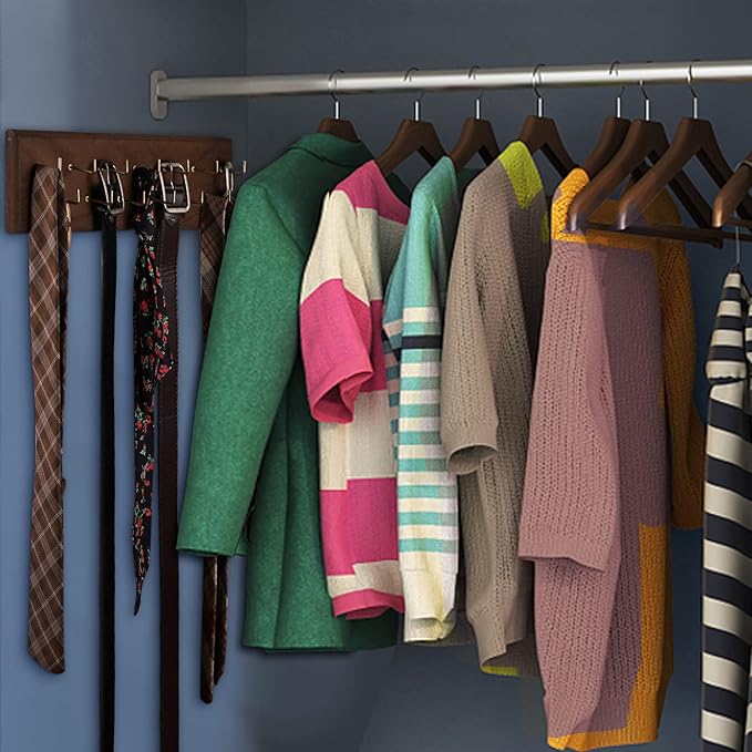 Belt Organizer - Wall Mounted Hanger for Closet, Holds Over 28 Belts - Wooden Rack with Tie and Scarf Storage (Brown)