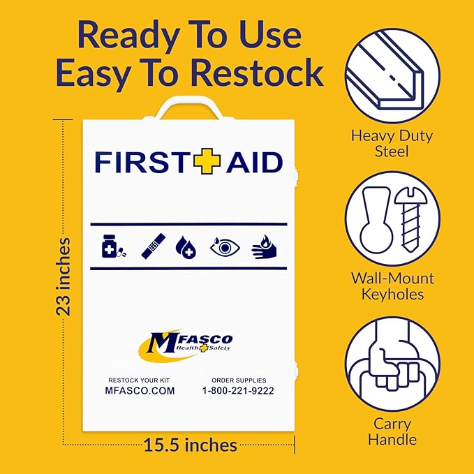 MFASCO 4 Shelf Commercial First Aid Kit, Type I & II, 2021 OSHA Approved,ANSI Z308.1-2021 Compliant, 528 pcs Latex-Free, Wall Mount Cabinet,No Medications,Easy Refilling Instructions, with Tourniquet