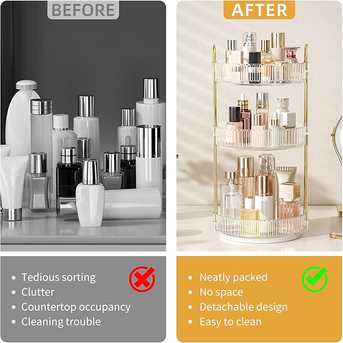 360° Rotating Makeup Organizer, Large Capacity Skincare Organizer, 3 Tier Cosmetic Skin Care Perfume Dresser Organizer, Fits Cosmetics, Perfume, Skin Care, Lipstick