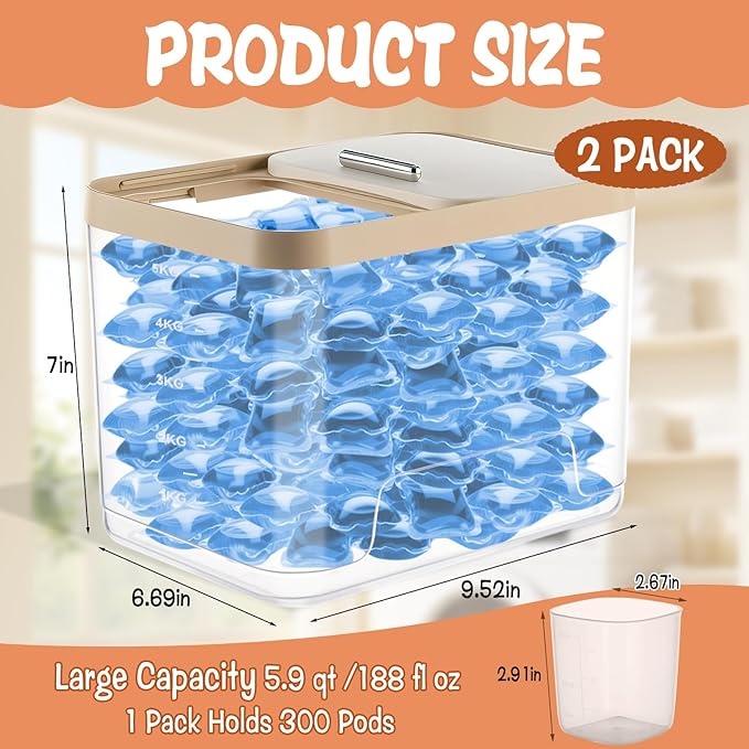 Large Laundry Pods Container with Slide Lid, Laundry Room Organization for Booster Beads with Measuring Scoops, Laundry Pods Holder for Scent Booster, Powder, Pods. (Clear 2-Pack)
