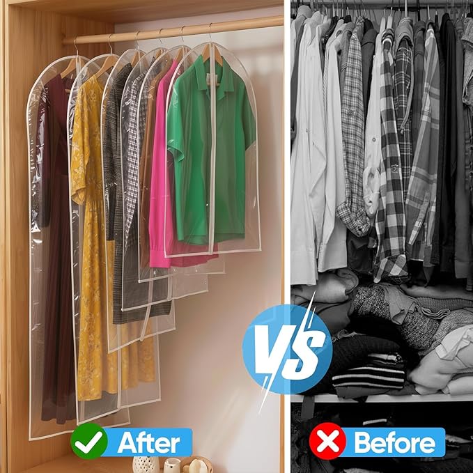 65” All Clear Dress Bags for Travel - PEVA Waterproof Fordable Cover with Zipper for Hanging Clothes, long Dress - Durable Dresser for Closet Storage, Dustproof & Moisture Resistant - 65”/4 Pack