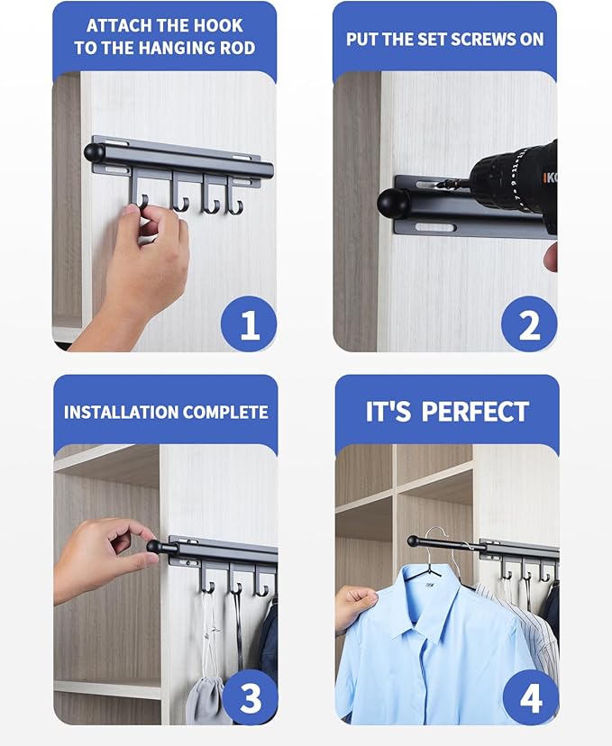 12 inch Valet Rod for Closets Pull Out Closet Valet Rod Slide Out Black Pull Out Clothes Hanger With 4 Hooks