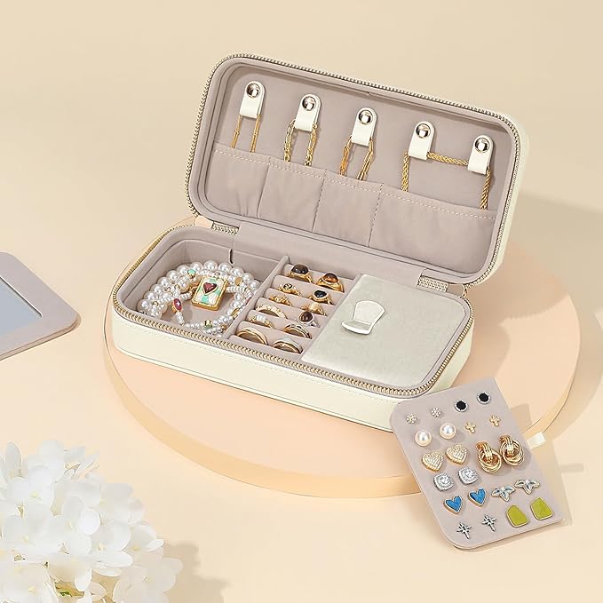 Travel Jewelry Case with Mirror, Quilted Small Jewelry Box Organizer for Women Girls, Portable Earring Necklace Bracelet Ring Holder Storage for Travel, Gifts for Her (Beige)