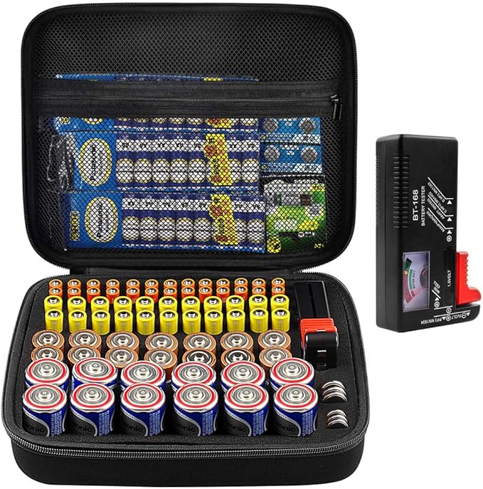 Comecase Hard Battery Organizer Storage Box Carrying Case Bag - Holds 80 Batteries AA AAA C D - - with Battery Tester BT-168 (Bag Only)