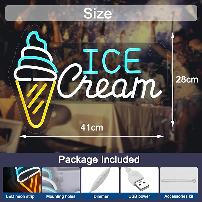 Ice Cream Neon Sign LED Light up Sign with Dimmable Switch Ice Cream Shop Wall Decor for Business Store Drink Shop Bar Party Cafe USB Powered 16.1" x 11"