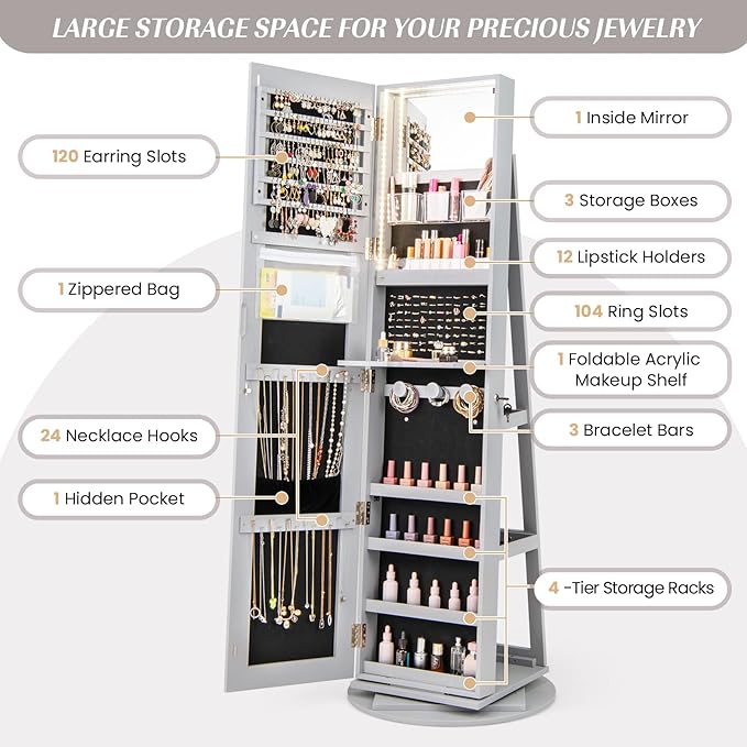 Mirror Jewelry Cabinet Standing with Full Length Mirror, 360° Swivel Jewelry Armoire with 3-Color LED Lights & Foldable Makeup Shelf, Lockable Organizer for Women, Space-Saving (Gray)