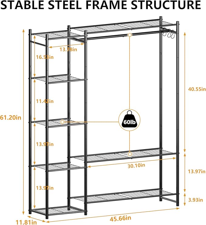 Wardrobe Closet,Portable Clothes Rack with 4 Tiers Shelves,Freestanding Closet Organizers and Storage System with Hanging Rods,Steel Clothing Rack Suitable for Cloakrooms,Bedrooms,Entrances,etc.Black