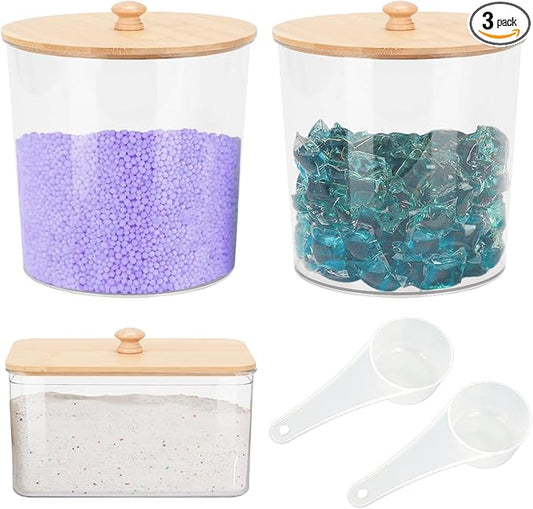 3-Pack Laundry Pods & Detergent Powder Storage Containers with Natural Bamboo Lids for Organized Laundry Room