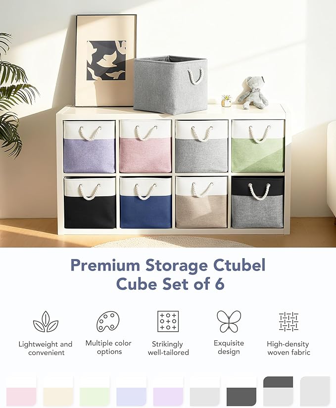 13x15x13 Storage Cube Bins, Heavy Duty Foldable Fabric Storage Bins with Handles and Metal Frame, 6 Pack Large Closet Organizer Bins for Clothes, Socks, Towels, White Blue