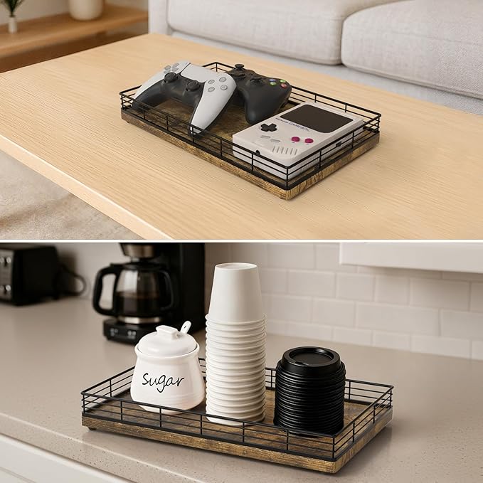 Large Bathroom Vanity Tray – 13" x 8" Decorative Wooden Tray for Bathroom Countertop & Vanity Organizer, Wood Tray for Perfume, Skincare Accessories Storage, Vanity Dresser Decor Black & Rustic Brown