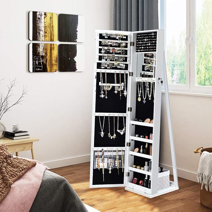 CHARMAID Standing Jewelry Armoire with Tall Full Length Mirror, 2-in-1 Lockable Jewelry Cabinet Organizer with Large Storage Capacity, Inside Makeup Mirror, Stable Base, Easy Assembly (White)