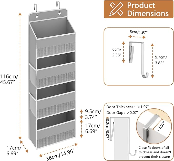 1 Pack 4-Tier Over the Door Organizer, Heavy-Duty Large Deep Pocket Hanging With 4 Large Front & 4 Side Pockets With for Pantry, Kitchen, Bathroom, Dorm, Grey