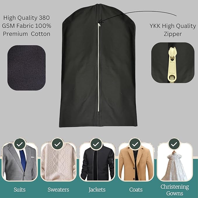 Garment Bag for Hanging Clothes – Organic Cotton Suit & Coat Cover with Zipper | Breathable Closet Organizer for Travel & Storage (Small (24"x35"), Black)