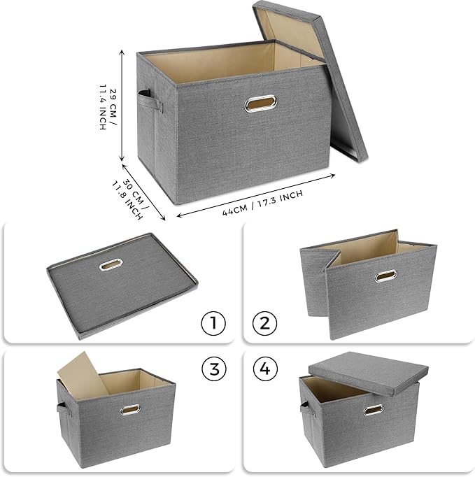 SNWDN 4 Pack Large collapsible Fabric Storage Bins with Lids Fabric storage box with lids for closet organizers and storage (grey 17.3x11.4x11.8 inches)