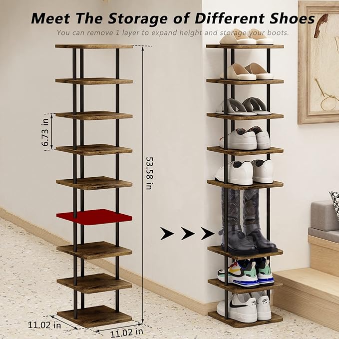 AZERPIAN Shoe Rack 9 Tier Vertical Storage Organizer Narrow Metal Slim Shelf Modern Free Standing Shoe Tower Saving Space for Closet Entryway Bedroom,Black+Rustic Brown