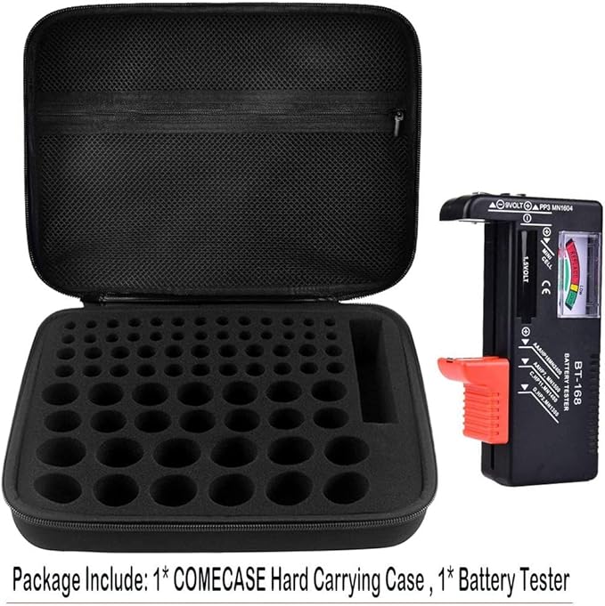 Comecase Hard Battery Organizer Storage Box Carrying Case Bag - Holds 80 Batteries AA AAA C D - - with Battery Tester BT-168 (Bag Only)