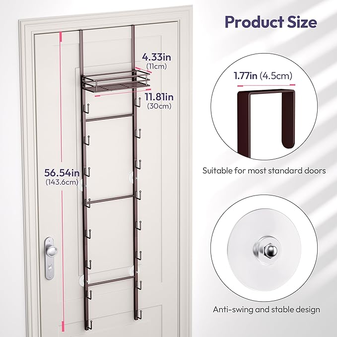 SWTYMIKI Over The Door Purse Organizer - Wall Mounted Handbag Organizer with 16 Hooks and Metal Basket, Hanging Purse Storage Rack Holds up to 16 Bags, Bag Rack Can Use As 1/2 Part, for Door, Closet