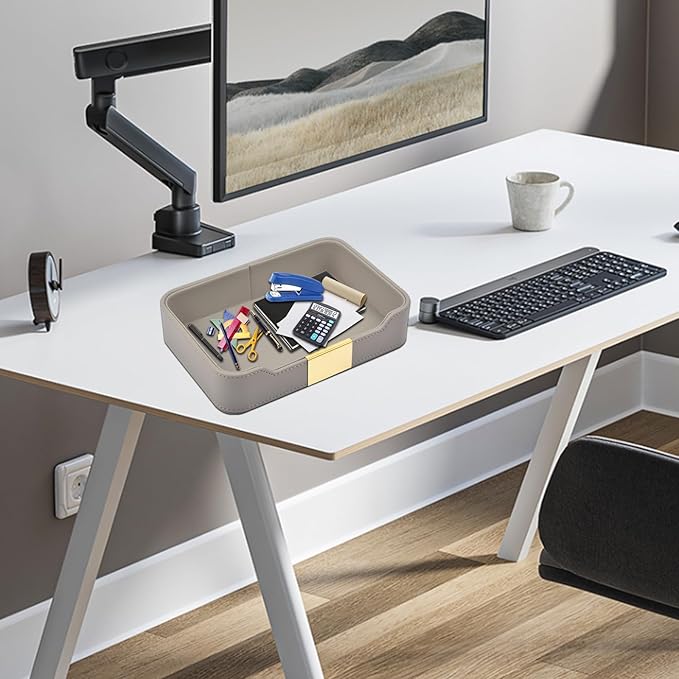 Leather Jewelry Tray Desktop Storage,Luxury Perfume Tray Nightstand Organizer Entryway Decorative Tray,for Jewelry Watch Cosmetics Keys Phone Wallet Home & Office Accessories,Gray