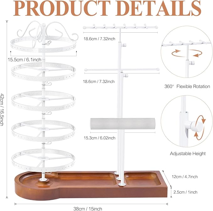 KALYLOC Jewelry Earring Holder Organizer, Adjustable 5 Tiers Rotating Earring Holder 3 Tier Necklace Holder with Wooden Base, Multi-Functional Jewelry Organizer Display Stand for Studs Bracelet Women