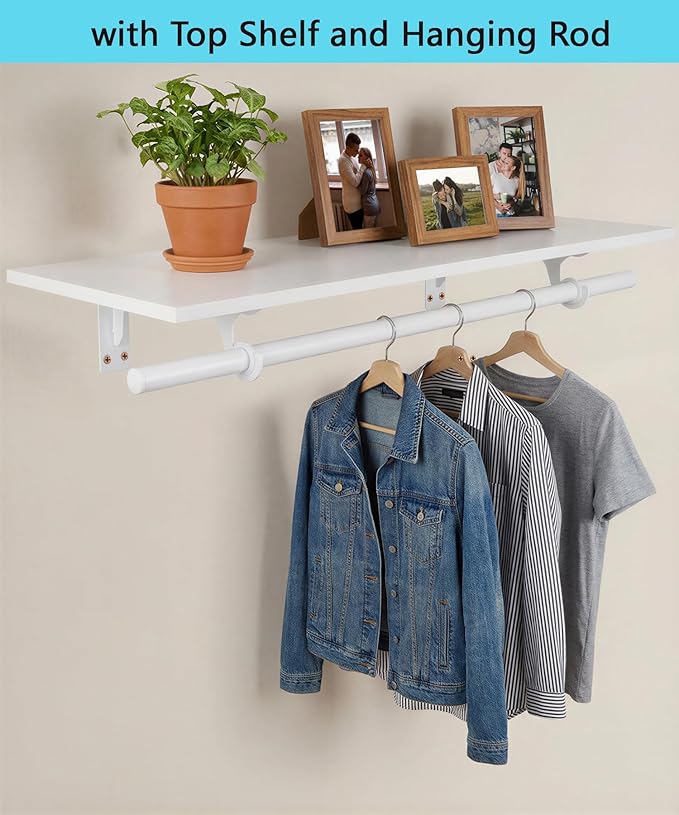 FIRJOY Wall Mounted Clothes Rack, with Top Shelf and Hanging Rod, Heavy Duty (White, 1 PACK 11.8" x 31.4")